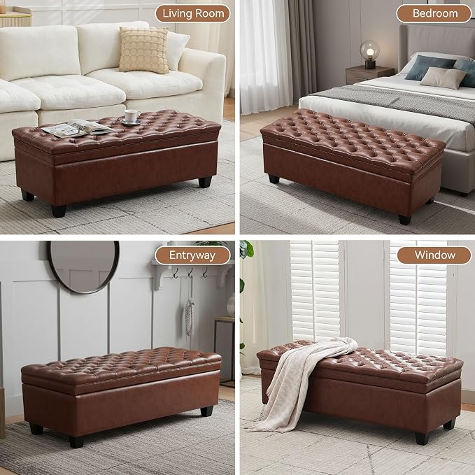 WUTUTUEE 50" Faux Leather Storage Ottoman Bench, Upholstered Rectangle End of Bed Storage Ottoman Tufted Living Room Bedroom Bench with Safety Hinge, Solid Wood Legs, Loads 500 lb(Brown)