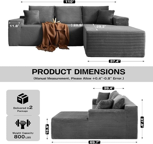 AUGOP 108" Sectional Couches for Living Room Modern Modular Sofa with L-Shape Couchs Upholstered Boneless Couch Deep Seat Sectional Couch with Chaise (Dark Grey, 108" Right Facing Chaise+2Seaters)