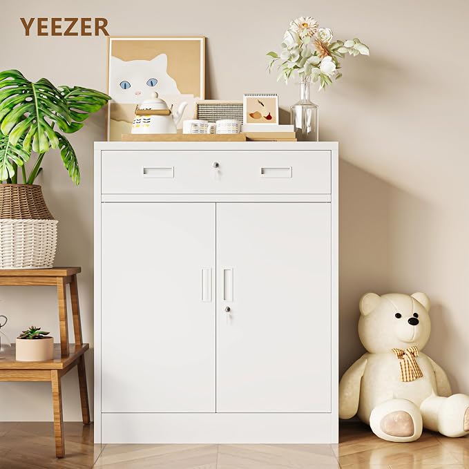 36" H Metal Cabinet, Garage Storage Cabinet, Locking Storage Cabinet, Metal Cabinets with Doors and Shelves for Home, School, Office, Garage, White
