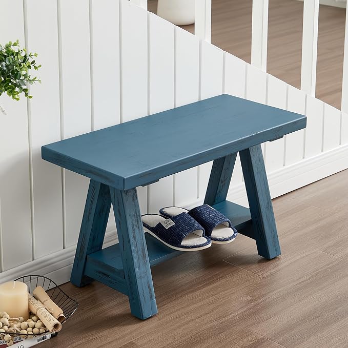 Farmhouse Wood Bench, Rustic Indoor Storage Bench Solid Wood Entryway Bench with Shoe Storage 2-Tier Narrow Bench Seat Indoor for Entryway, Living Room, Dining Room, Hallway, Blue