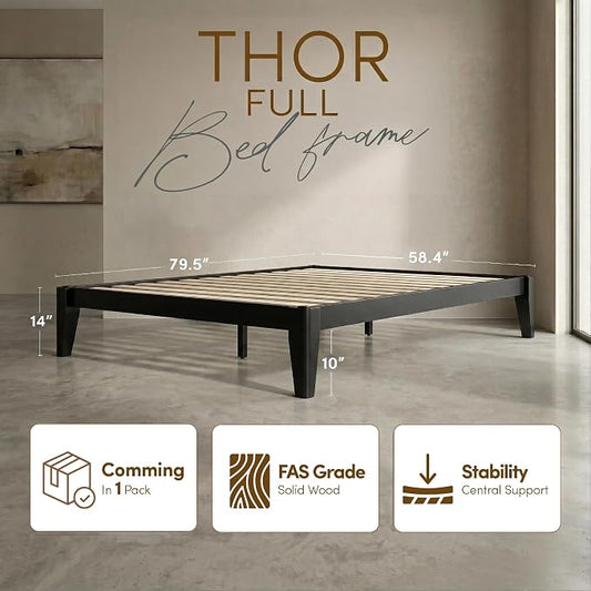 Thor Premium Solid Wood Bed Frame Full, Japanese Joinery Bed Frame with Wood Slat Support, Platform Bed, No Box Spring Needed, Easy Assembly, Minimalist & Modern Style (Midnight Charcoal)