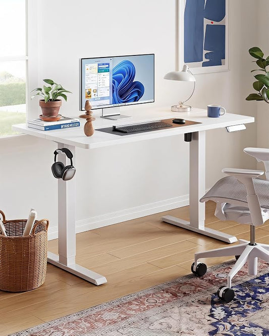 HUANUO Electric Standing Desk,53" x 28" Height Adjustable Desk, 4 Memory Height Settings, Sit to Stand Up Desk for Home Office, with Headphone Hook, Cable Manager, White