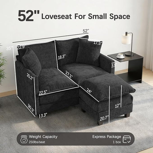 52'' Loveseat Sofa with Ottoman, Modern Cloud Sofa Couch with 27" Deep Seat Comfy Chenille Small Couch for Small Spaces, Apartment, Studio, Bedroom, Living Room
