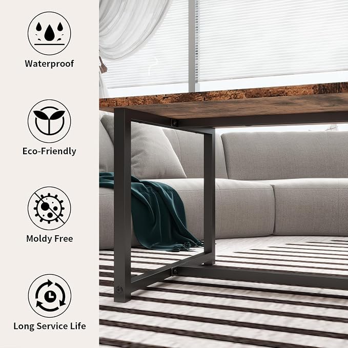 35.4" Rectangular Coffee Table for Living Room, Modern Industrial Style Coffee Table Center Table with Metal Frame for Small Space, Apartment, Office, Easy Assembly, Brown