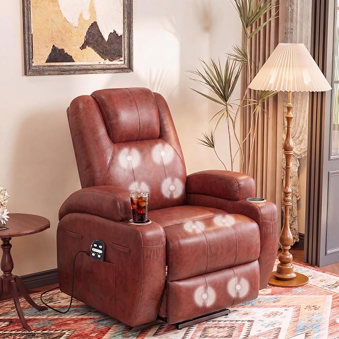 Flamaker Power Lift Recliner Chair Electric Lift Recliner for Elderly Power Lift Recliner Chair with Cup Holders Side Pockets for Living Room (Leathaire, Dark Brown)