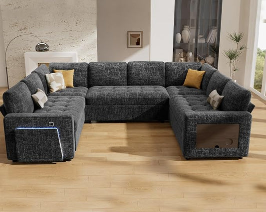 Vipbear 8 Seat U Shaped Modular Sectional Sleeper Sofa with Pull Out Bed/Reclining Backrest/USB Ports/Table/LED Light/Storage Seat, Sectional Sleeper Couch, Tool-Free Assembly, Chenille Black