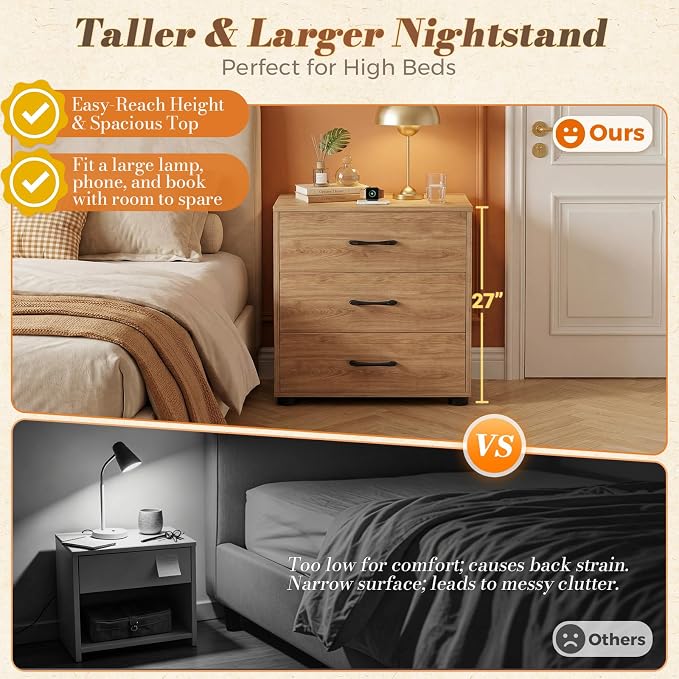 Aheaplus Night Stand Set of 2 with Charger Station, 21.7'' Wider Nightstands with 3 Wooden Drawers, Large Tall Bedside Table, Modern End Side Table Set, Nightstand for Bedroom, Natural Oak