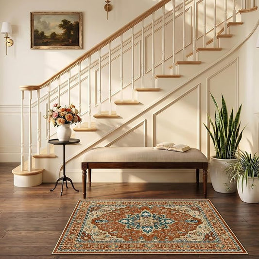 RELEANY Area Rugs Small 2'6"x4' Washable Non-Slip, Floral Vintage Distress Medallion Carpet for Kitchen Entryway Bathroom, Red Orange Blue Brown
