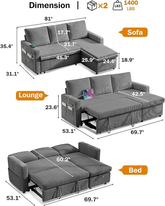 Vipbear 80" Sectional Sleeper Sofa Bed with Pull Out Bed, L Shaped Couch Pull Out Couch with Reclining Backrest, Reversible Storage Chaise, USB Ports, Tool-Free Assembly, Corduroy Dark Grey