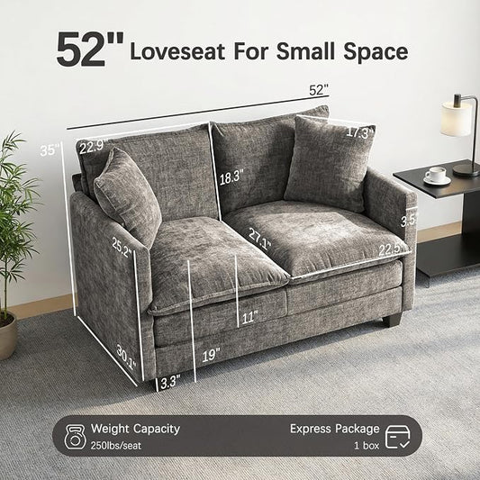 Loveseat Sofa, 52''Modern Cloud Sofa Couch with 27" Deep Seat & 2 Pillows, Comfy Chenille Small Couch for Small Spaces, Apartment, Studio, Bedroom, Living Room (Grey, Loveseat)