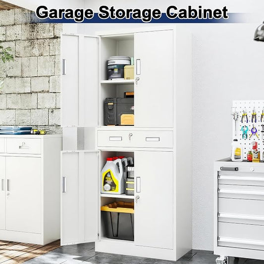 BESFUR Metal Garage Storage Cabinet with a Drawer Locking Doors and 2 Adjustable Shelves, White Tall Storage Cabinets, Tool File Lockable Cabinet for Garage Office Warehouse Shop(71”H)