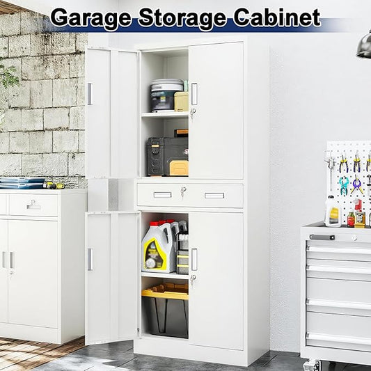BESFUR Metal Storage Cabinet with a Drawer 4 Doors and 2 Adjustable Shelves Garage Storage Cabinet with Lock 71" Office Storage Cabinets Locking Cabinets for Garage Office Shop Home (White)