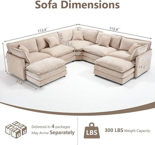 Oversized Modular Sectional Cloud Sofa: 114" V-Shaped Modular Cloud Couch, 7 Seater Comfy Couch with Ottomans and Pillows, Chenille Deep Seat Couch for Living Room,Bedroom,Apartment,Large Space,Camel
