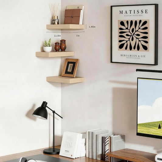 Floating Shelves, Oak Wooden Set of 3 Wall Mounted Bathroom Shelves Over Toilet, Modern Small Hanging Shelves for Bedroom Living Room Kitchen Farmhouse Home Decor, 12" x 7" x 1.5"