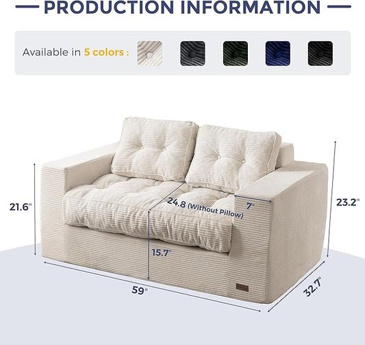 MAXYOYO Loveseat Sofa Couch, Upholstered Bean Bag Chair Cloud 2-Seat for Adults, Boneless Couch with Tufted Cushion & Pillows, Sofa in A Box, No Assembly Required, Beige