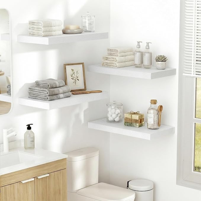 Vivelove 10 in Deep Floating Shelves for Wall, 24" x 10.2" x 1.5" Shelves for Room Wall Mounted, 1.5 Inch Thick Shelf for Bathroom Bedroom Kitchen Book Room, Modern Farmhouse Decor, Set of 2, White
