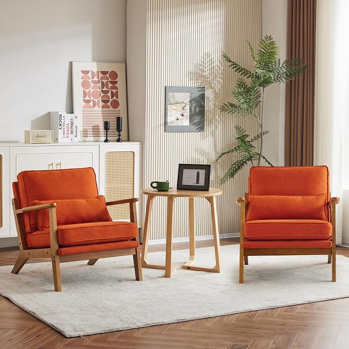 Karl home Mid-Century Lounge Accent Chair, Burnt Orange | Wide Curved Armrest, Linen Fabric, Lumbar Pillow Included, Solid Wood Frame, For Living Room, Bedroom, Balcony, Apartment