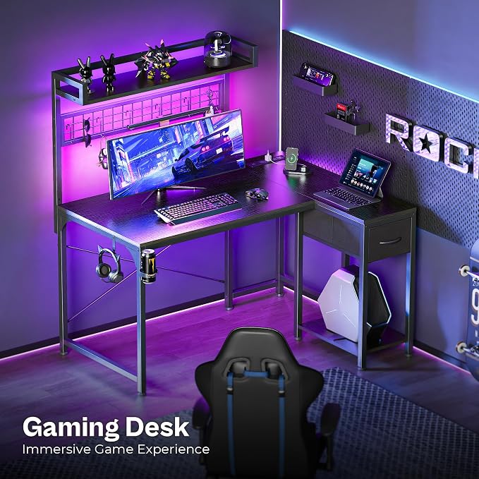 PRAISUN L Shaped Gaming Desk with Shelves, Corner Computer Table with LED Lights, Power Outlets and USB-C Ports, 42 Inch Reversible Home Office Desk with Storage Drawer, for Work and Study, Black