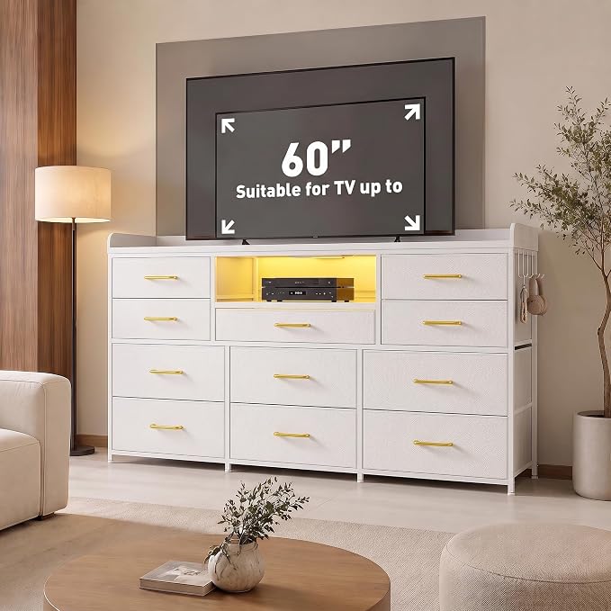 Bepatio LED Dresser for Bedroom with 11 Drawers,Power Strip,4 Hooks,White | Stylish Dressers & Chests of Drawers with 2 Wood Storage Shelves, TV Stand for 50/55/60 Inch TVs, Sturdy Metal Frame