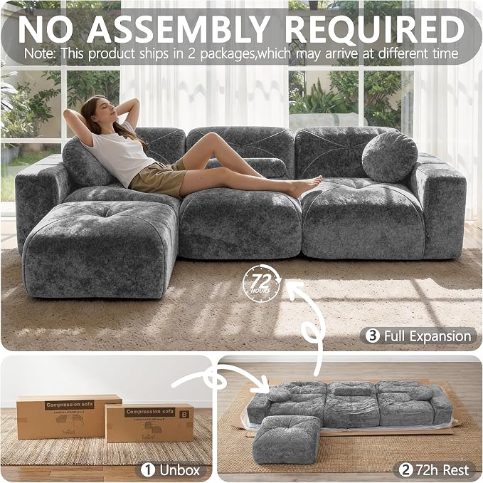 112" Modular Sectional Cloud Couch, L Shaped Sofa Boneless Couches with Movable Ottoman, 3 Deep Seat Modern Comfy Velvet Sofa for Living Room, Bedroom, Apartment (Grey)