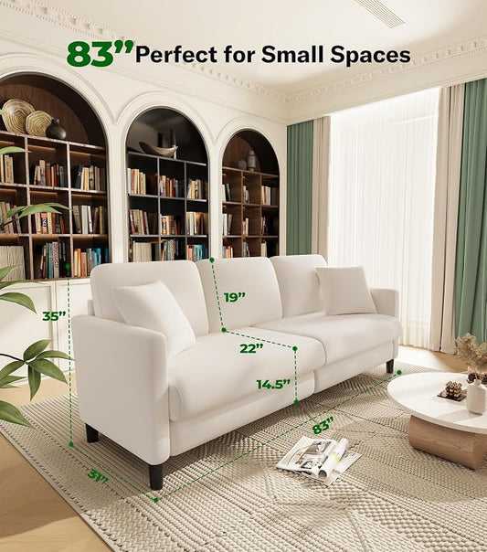 Welzona 83" Couches for Living Room, Teddy Sofa Couch, Comfy Sofas for Living Room, Tool-Free Setup Loveseat Sofa, All-Wood Love Seat Couches, Small Couch 2 Pillows Included, Cream White