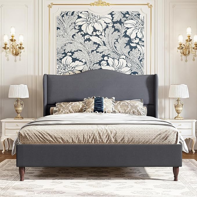 koorlian King Size Bed Frame Upholstered Platform Bed with 51" Tall Headboard Wingback, Soft Fabric, Retro Simple Style Platform Bed No Box Spring Needed, Easy Assembly, Grey