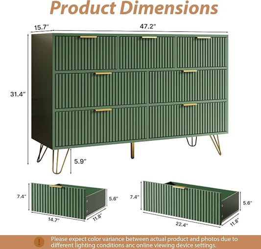 MAISONARIA Green Dresser for Bedroom, 7 Drawer Dresser with Gold Pulls, Wide Chest of Drawers for Bedroom, Entryway, 47.2" L x 15.7" D x 31.4" H