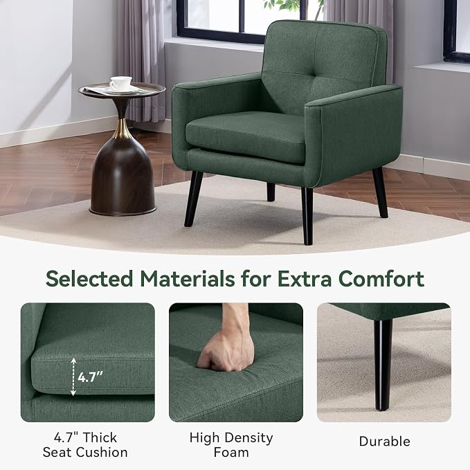 Vogue Furniture Direct Mid Century Accent Chair, Fabric Modern Chair with Wooden Frame, Cozy Armchair Reading Chair with Comfy Back for Apartment, Living Room, Bedroom, Small Space, Corner, Green