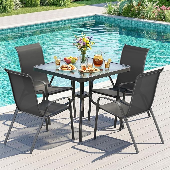TLSUNNY Patio Dining Set 5 Pieces, All Weather Outdoor Furniture W/30"X 30" Table and 4 Stackable Textilene Chairs, Metal Table and Chairs for Lawn, Garden, Poolside, Backyard (Umbrella not Included)
