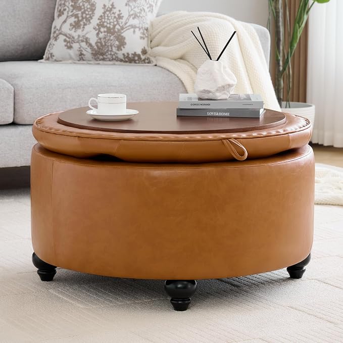 WUTUTUEE 30Inch Round Storage Ottoman with Tray, Modern Tufted Leather Circle Coffee Table with Storage, Upholstered Ottoman with Removable Top for Living Room, Bedroom, Leather Brown