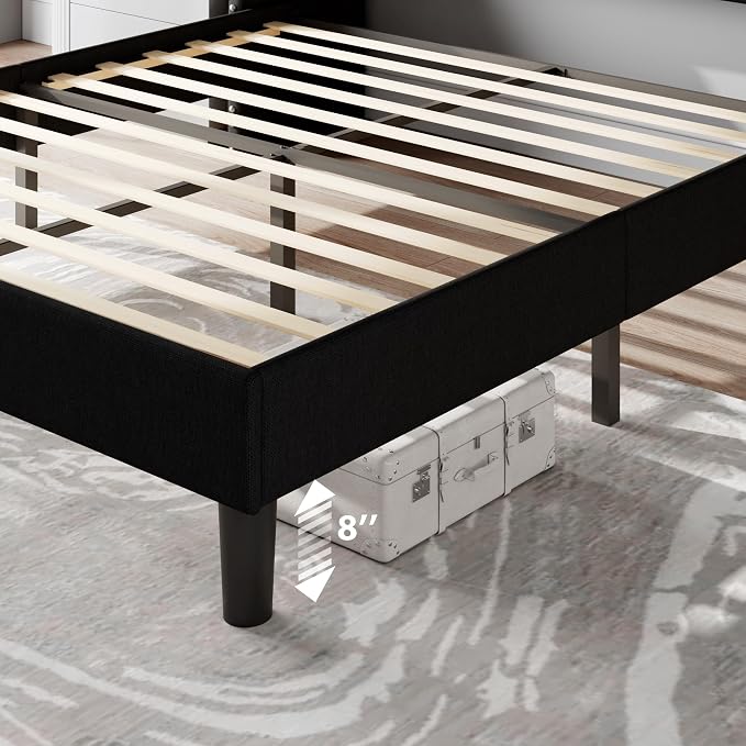 Feonase Full Size Bed Frame with Luxury Wingback and Fast Charging Station,Full Upholstered Button Tufted Storage Headboard Platform Bed,Sturdy Wooden Slats Support,Noise-Free,Easy Assembly,Black