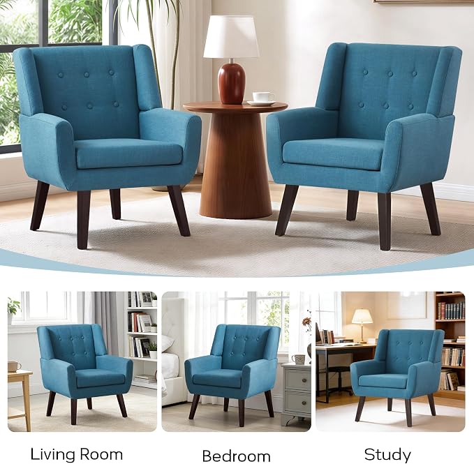 HUIMO Accent Chairs Set of 2,Upholstered Button-Tufted Living Room Chair with Wooden Legs,Mid Century Modern Linen Fabric Club Chair,Comfy Arm Chairs for Bedroom,Lake Blue 2PCS