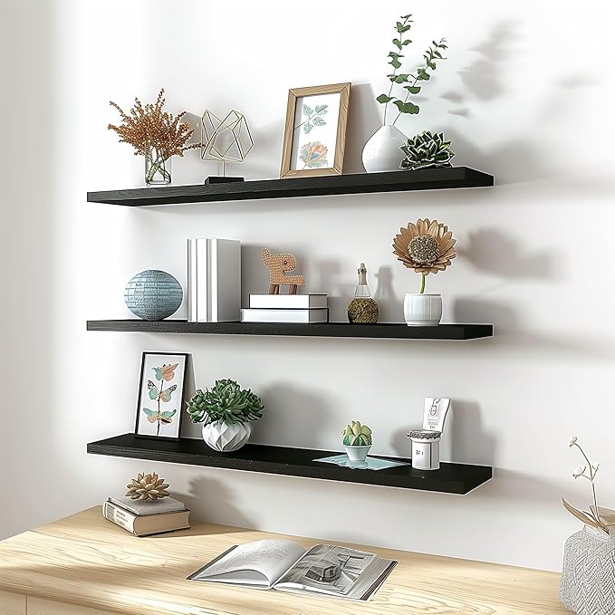 YYWUOJJ Wood Floating Shelves for Wall Decor, Rustic Wall Shelves for Bedroom Bathroom Kitchen Living Room, Set of 4 Black 36 Inch