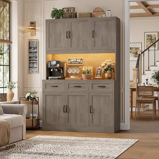 HOSTACK 72" Tall Kitchen Pantry Cabinet with Charing Station | LED Lights, 47" W Kitchen Pantry Storage Cabinet with Countertop, Modern Kitchens Hutch Cabinets with Storage for Dining Room, Ash Gray