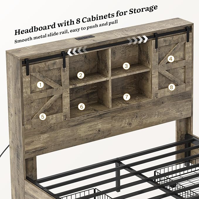 YITAHOME Farmhouse Queen Size Bed with 50" Tall Storage Bookcase Headboard, Sliding Barn Door, 4 Storage Drawers, RGB LED Bed Frame w/Type-C&USB Charging Station, No Box Spring Needed, Antique Grey