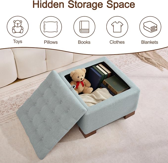 WUTUTUEE 24" Fabric Square Storage Ottoman with Wooden Tray, Modern Tufted Button Footstool Coffee Table, Upholstered Small Ottoman for Living Room, Bedroom, Blue