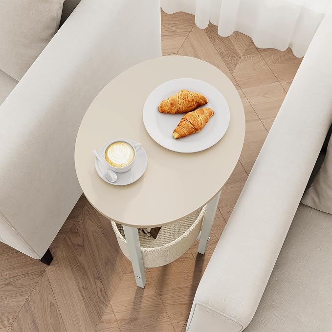 Vagusicc Round Side Table End Table with Storage Basket, Small Side Table Round Nightstand for Small Spaces, Tall Oval End Table with Steel Frame, Coffee Bedside Table for Living Room, Begie