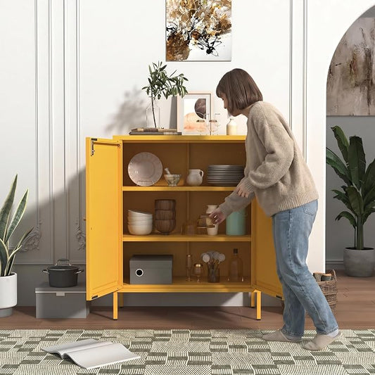 Lockable Metal Storage Cabinet Double Door Metal Cabinet Home Decor Cabinet with Adjustable Shelves Coffee Bar Cabinet Suitable for Living Room and Dining room Yellow : 13.8"D x 31.5"W x 36"H
