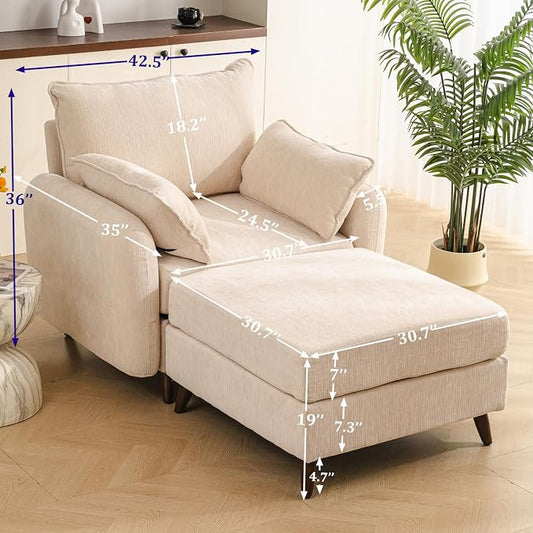 Rexulqo Oversized Accent Chair with Ottoman,All Seats Storage,Comfy Big Armchair,24.5'' Deep Seat,Upholstered Living Room Chairs,Reading Chair,Lounge Chair for Bedroom,Office,Chenille,Cream