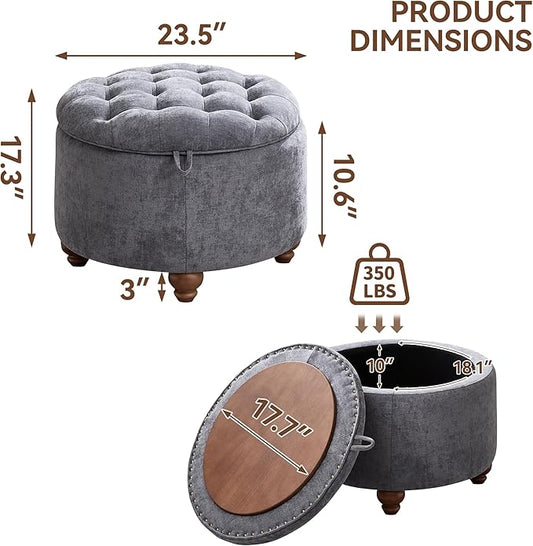 WUTUTUEE 24Inch Round Storage Ottoman with Tray, Modern Tufted Circle Coffee Table with Storage, Upholstered Ottoman with Removable Top for Living Room, Bedroom, Chenille Blue