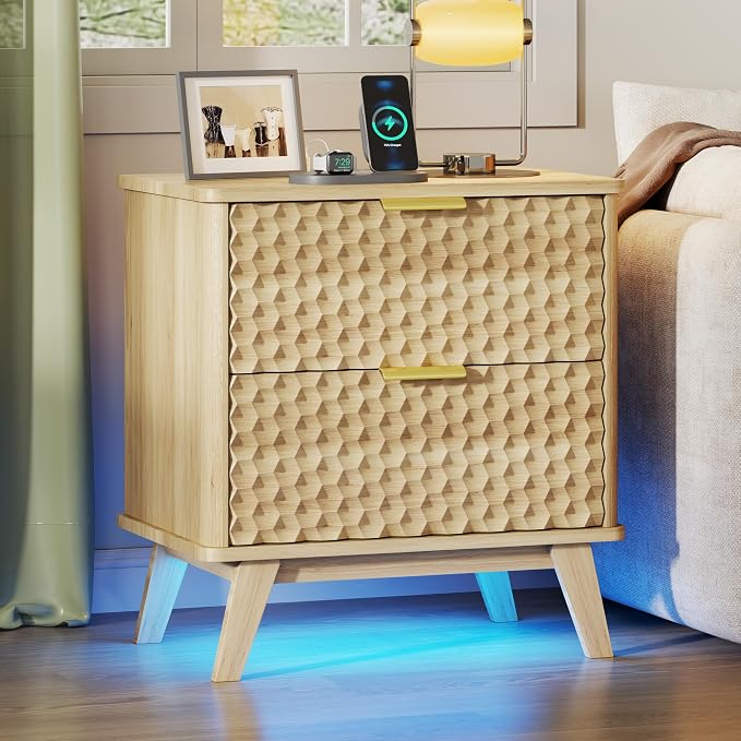LVSOMT Smart Nightstand with Charging Station and LED Lights, 23.62" Wide Night Stand with 2 Drawers, Motion Sensor Motion-Activated Underlight, Honeycomb Bedside Table for Bedroom, Natural Oak