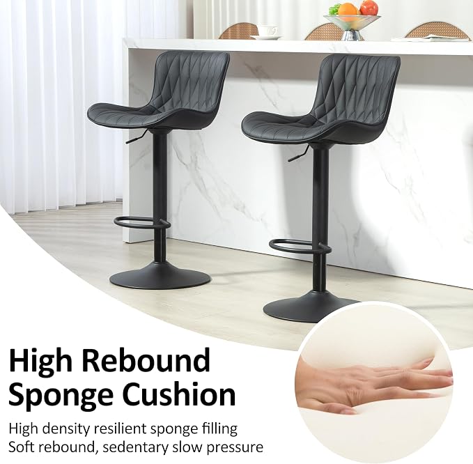 Finnhomy Bar Stools Set of 2, Modern 360° Swivel Faux Leather Bar Stools, 24"-32.5" Seat Height with Back, 330 lbs Capacity, SGS Gas Lift, Upholstered Kitchen Chairs for Kitchen Island, Black