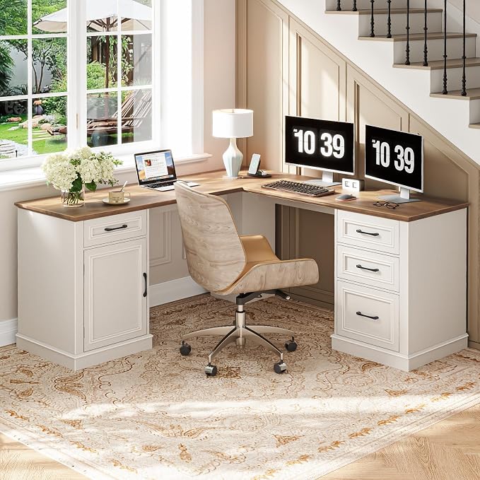 Vabches Farmhouse 59" L-Shaped Executive Desk with Drawers, Wood Home Office Corner Desk with File Drawer, Storage Cabinet, Rustic Computer Writing Desk for Home Office (Unique White)