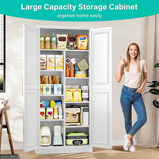 SISESOL 71" Tall Storage Cabinet with 9 Shelves and Hanging Rod,Kitchen Pantry Cabinet with 2 Door,White Metal Storage Cabinets,Large Cupboard for Home,Kitchen,Laundry,Bathroom