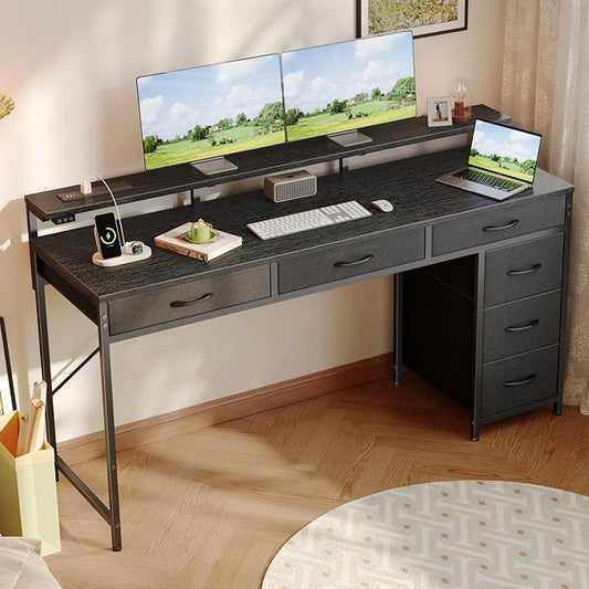 Huuger Gaming Desk with 6 Drawers, Computer Desk with LED Lights Power Outlets and Type-C, 55 Inch Office Desk with Storage, Monitor Stand, Writing Desk Work Desk Home Office, Bedroom, Black, 1CD102B