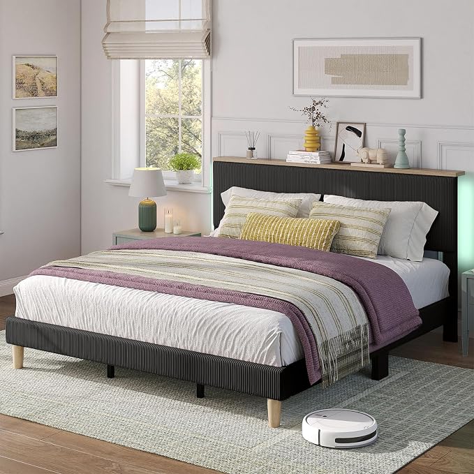Bestier King Bed Frame with Adjustable Headboard & LED Lighting, Corduroy Upholstered Platform Bed Frame with Storage Shelf, Solid Wood Slats, No Box Spring Needed, Never Squeak, Easy Assembly, Black