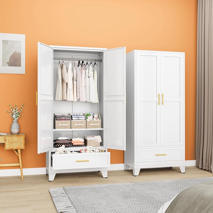 erosoei 71" H Metal Tall Armoire Wardrobe Closet with Drawer,Household Steel Wardrobe Closet Cabinet with Drawers,Clothing Storage Wardrobe Cabinet with Adjustable Shelves and Hanging Rod for Bedroom