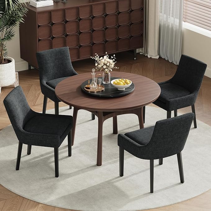 Modern Dining Room Chairs Set of 2 with Mid Back and Wood Legs, Upholstered Kitchen Chairs for Dining Room/Living Room, Black