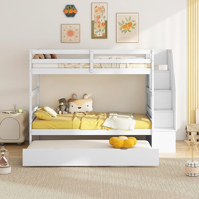 Giantex Bunk Bed Twin Over Twin with Trundle & Storage Stairs, Solid Wood Bunk Bed, Convertible to 2 Beds, Versatile Bunk Beds for Kids Teens Adults,White