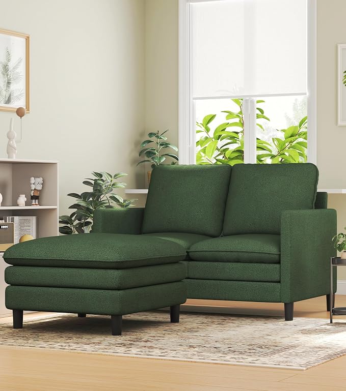 Welzona 3-Layers Cloud L Shaped Couch, 51" Loveseat Sofa Living Room, Bedroom - Tool-Free Assembly with Teddy Fabric Small L Shape Sofa - Green - Removable Washable Covers - 650lbs Capacity